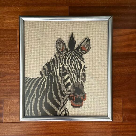 Vintage Completed Needlepoint Zebra Cross-stitch Framed Glass Picture 12.5x14.5 - Picture 1 of 4